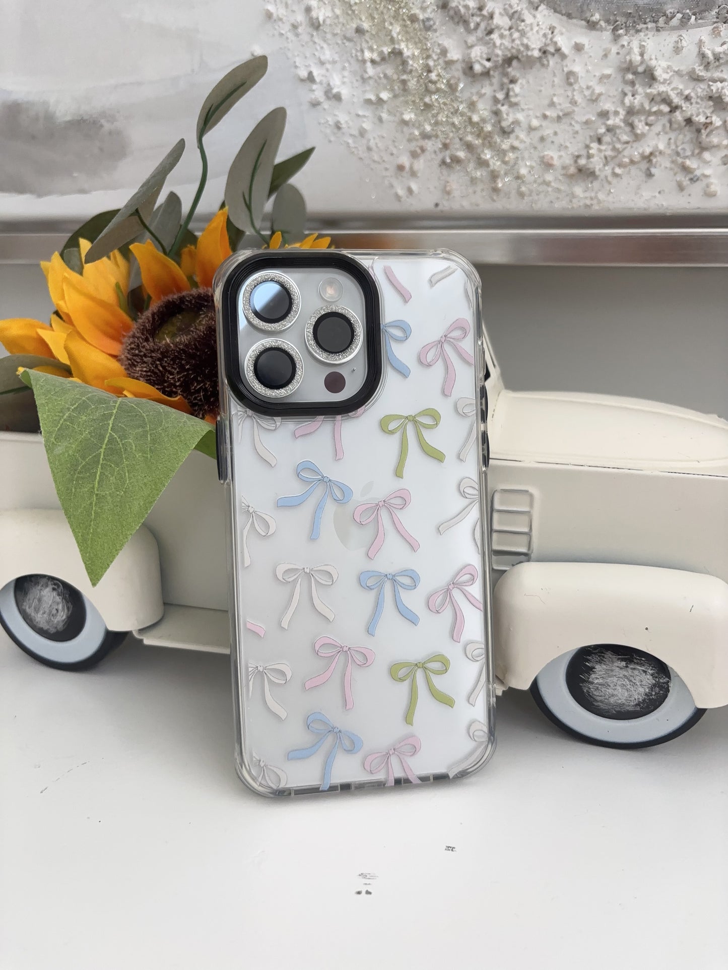 BanaBerry Hand Printed Clear Phone Case with Pastel Bow Design