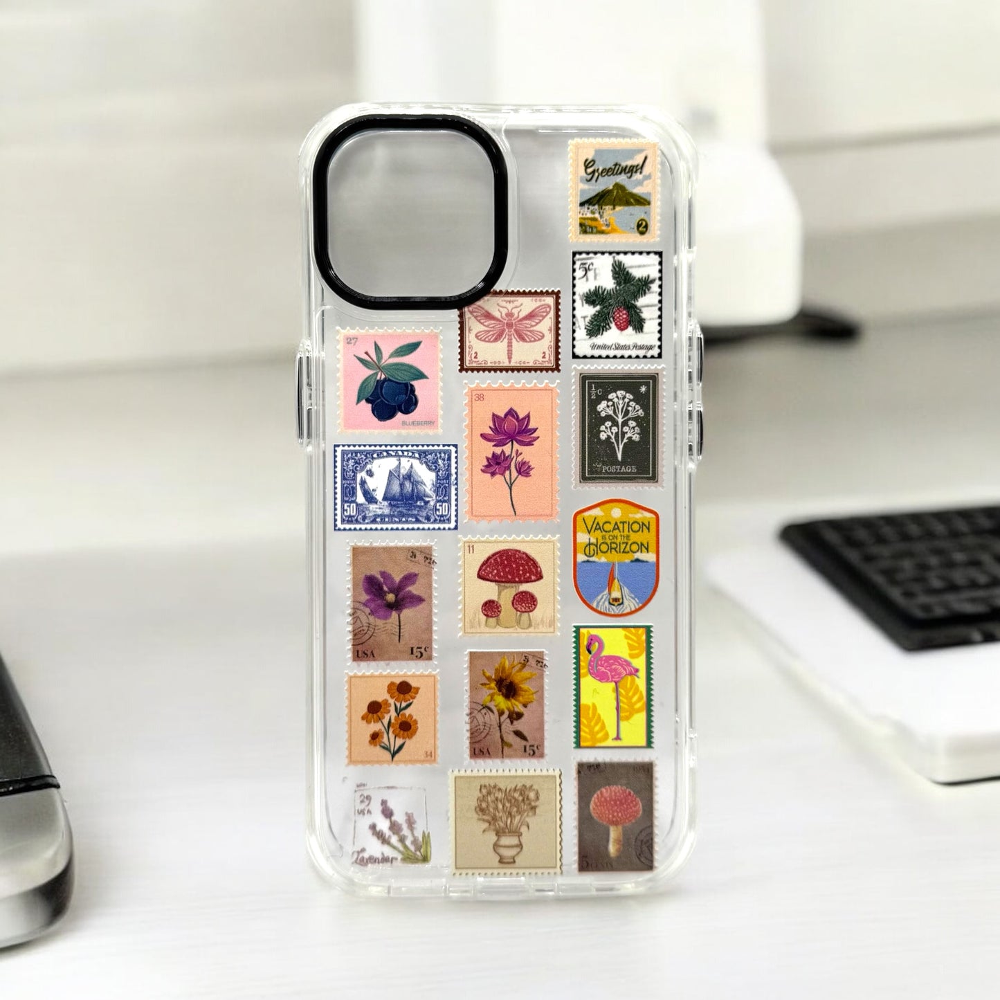 BanaBerry Vintage Postage Stamp Aesthetic Clear iPhone Case - Retro Botanical & Travel-Inspired Design